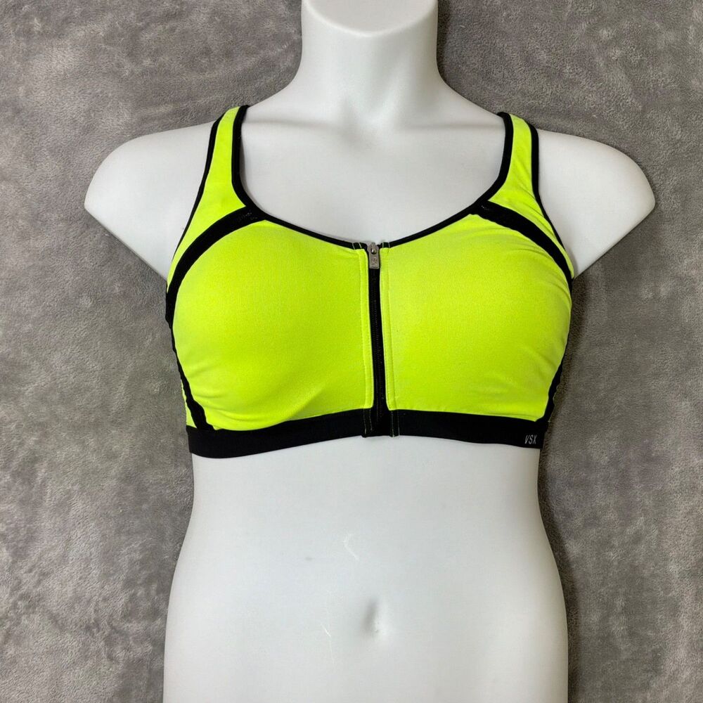Victoria’s Secret VSX Sport neon Zip snap Front Crossback Sports Bra 36DD